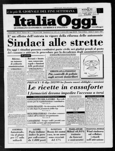 Italia oggi : quotidiano di economia finanza e politica